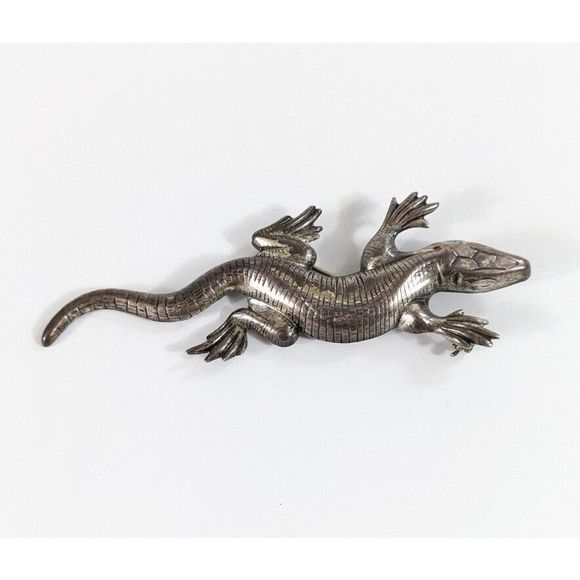 Lizard Shaped Sterling Silver Brooch - Reptile Dragon Pin - Southwestern - Picture 2 of 11